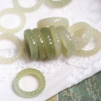 Natural hetian jade qinghai material sapphire carved twist ring ring women's jade ring finger jewelry