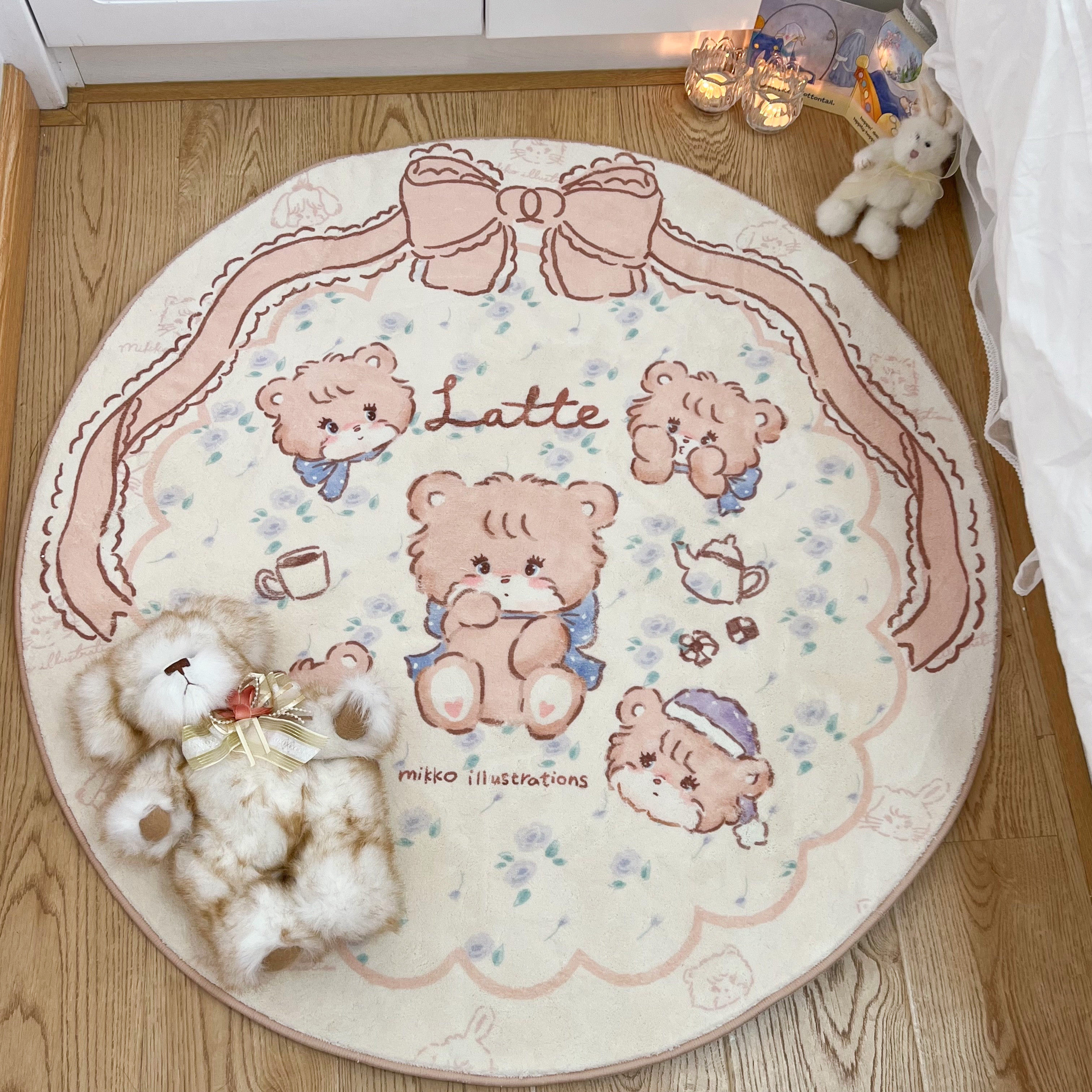 The Cat × M I K O Cartoon Round Ground Mat Cute Little Bear Girl Hearts Home Imitation Cashmere Rug