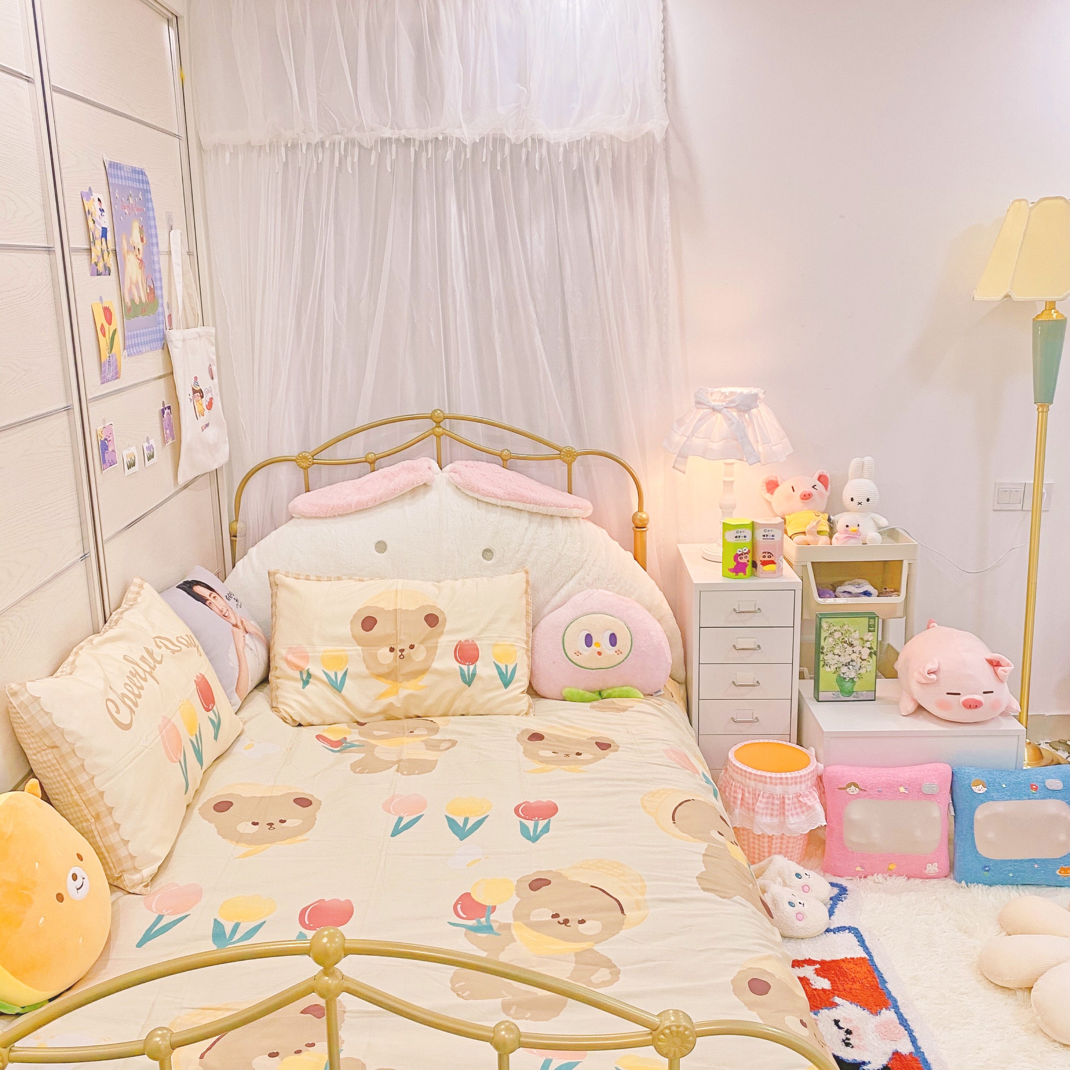 Tulip bear - sub - watermelon cat original cotton four piece set of pastoral wind cartoon teenage lattice bed