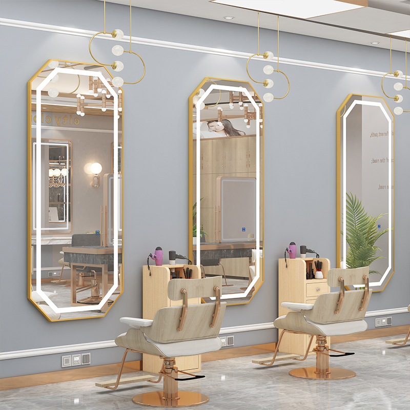 Net red tide style mirror table hair salon special liu shop single-sided wall-mounted octagonal mirror wall-mounted LED touch hairdressing