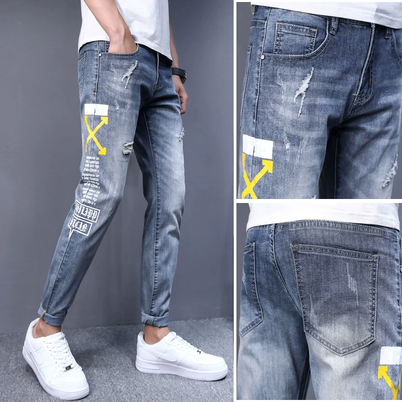 Mùa hè rách thủy triều thương hiệu quần jean nam chân nhỏ quần jeans nam 2020 in phiên bản Hàn Quốc của xu hướng quần dài giản dị - Quần jean