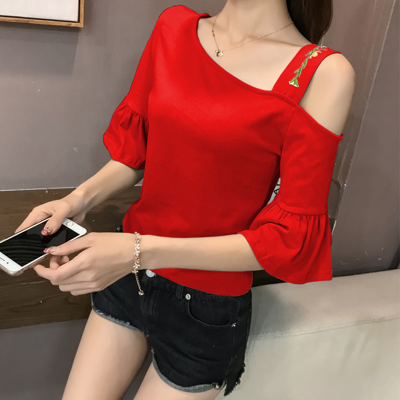 Pure Cotton Short Sleeve T-Shirt Woman with Lean Tide Summer 100 Lapped Floral Embroidery Lined with shoulder Shoulder Horn sleeve blouses