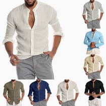 2022 Amazon Foreign Trade Autumn Winter V Collar Linen Cardiovert Collar Long Sleeve Mens Shirt Shirts for men