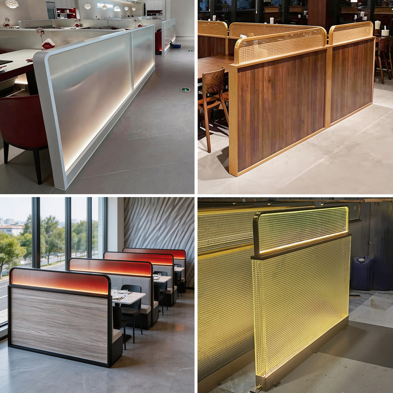 Restaurant Booth Partition Half-Wall Fence for Dining, Hot Pot, Barbecue Shop, Hotel Corridor, Illuminated Glass Wooden Low Screen