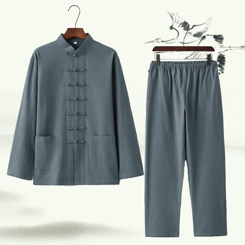 Chinese cotton linen dress Men's youth suit Old age Dad Autumn Costume Standing Retro Hanfu Mantra Meditation Chinese Wind