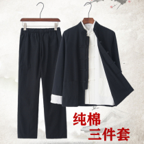 Tang Loaded Mens Youth Hanfu Pure Cotton Three Sets Chinese Retro Spring Autumn Suit Middle-aged Big Code Dad Dress Chinese Wind