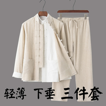 China Wind Tang Clothing Middle Aged Long Sleeve Suit Chinese Hanfu Casual Mens Summer Thin three sets of dads