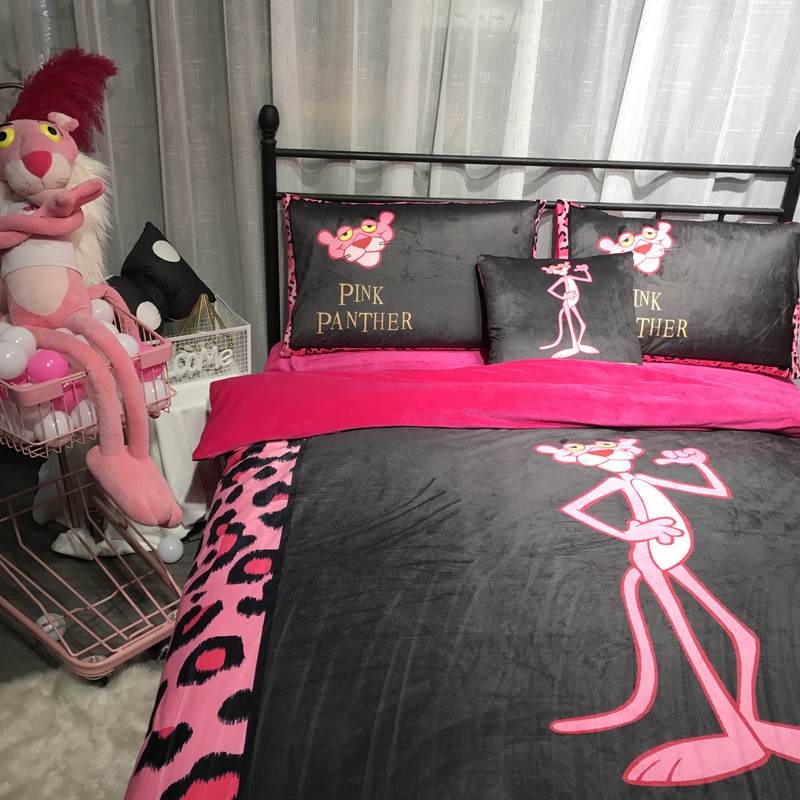Net đỏ phim hoạt hình con báo màu hồng pha lê nhung giường bốn bộ của con báo flannel nghịch ngợm chăn ga forever