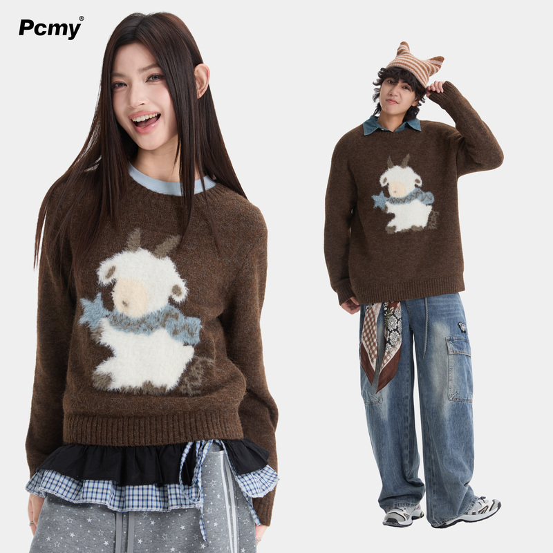 Pcmy Jacquard Plush Lamb Wool Melange Brown Sweater Unisex Wool Blend Couple Outfit Autumn Knit Top