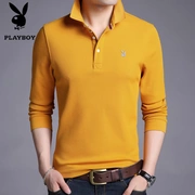 Playboy nam mùa thu dài tay áo thun màu rắn kích thước lớn ve áo cotton thường áo thun áo phông thủy triều