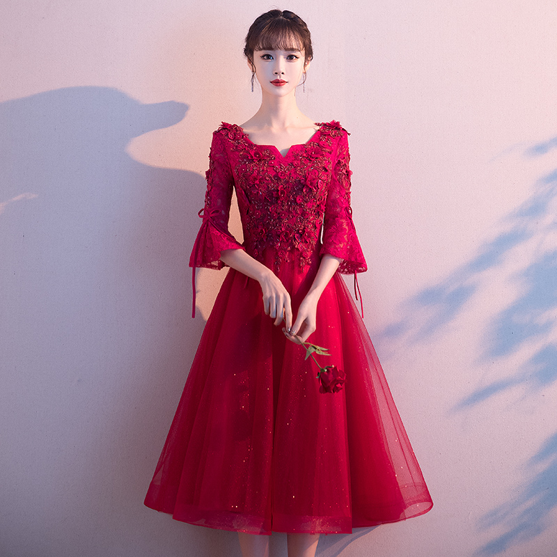 Toast to the bride Little pregnant woman covered with belly normally can wear gown woman wine red color wedding engagement foreign dress