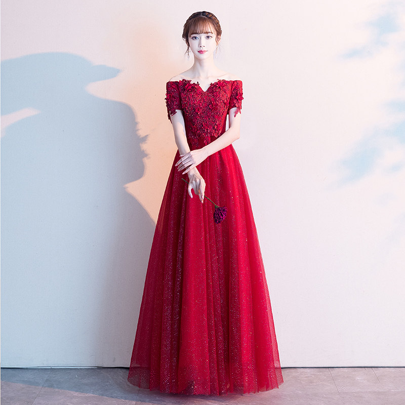 Pregnant woman toast bride 2022 new straight shoulder long version of slim wine red wedding back door evening gown skirt dresses
