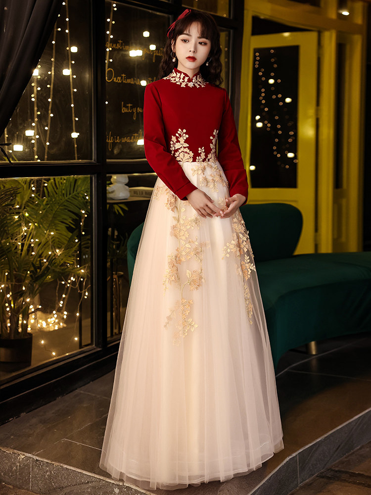 Toast dress bride 2021 new summer pregnant woman long version wine red wedding can usually wear banquet evening dress female