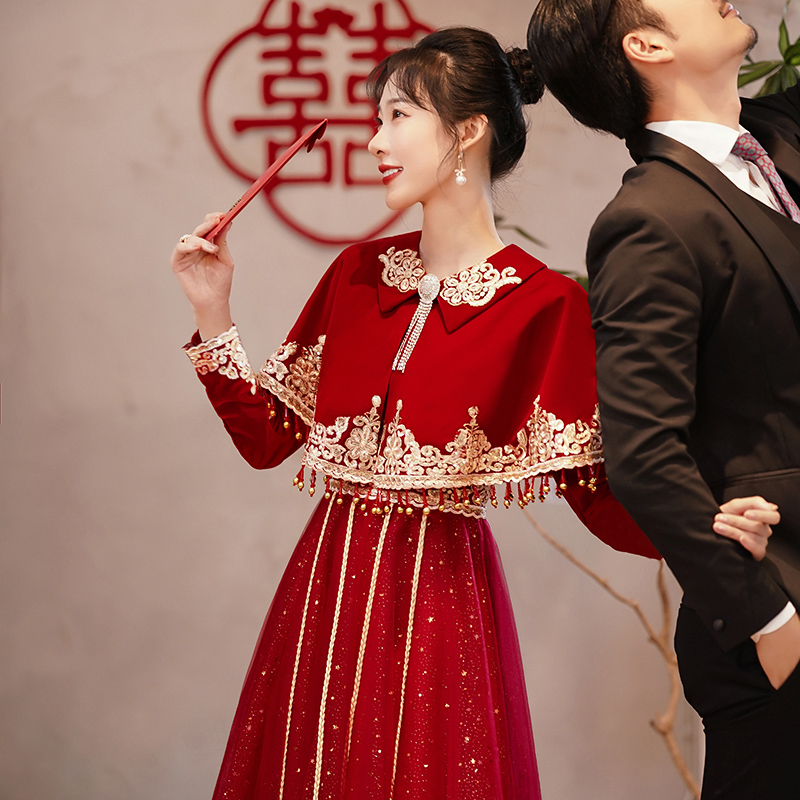 Toast Bride 2023 New Wedding Wine Red Long Sleeve Wedding Night Gown Woman Temperament Engagement Back Door Pence-Taobao
