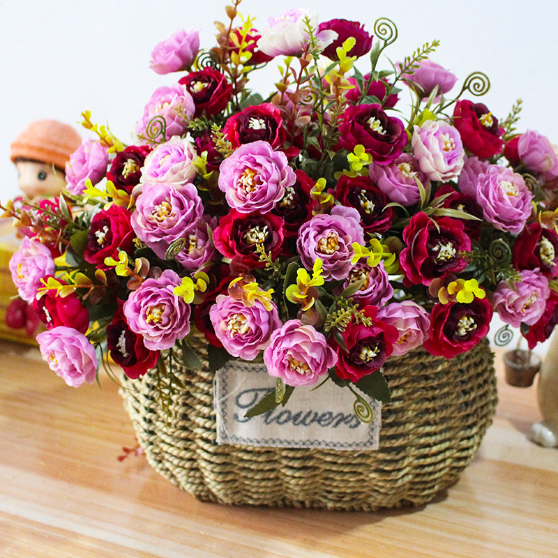 Straw flower pot Woven small flower basket ornaments Living room plug dried flowers Simulation flower basket Portable rattan flower pot Pastoral