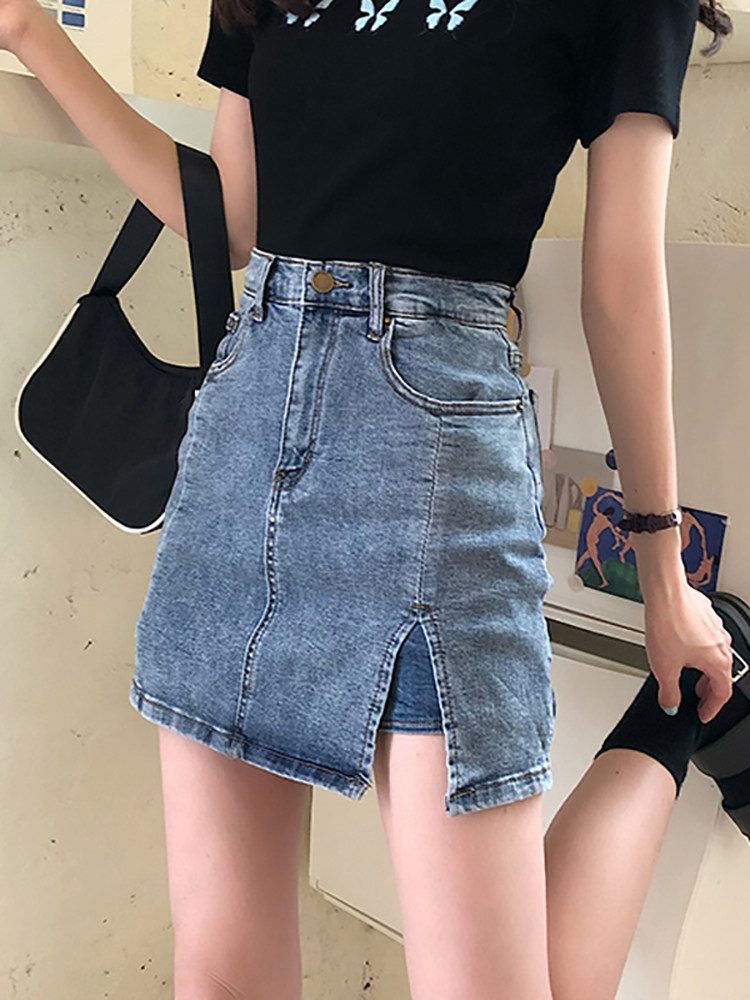 Europe Station Denim Half Body Dress Women's Summer 2022 New Fashion High Waist Display Slim a Hip Open Fork Skirt