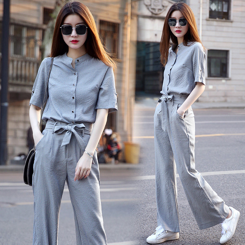 European Standing Stripe Fashion Suit Women Summer Thin 2022 New Temperament Casual Wide Pants Two Sets Eben