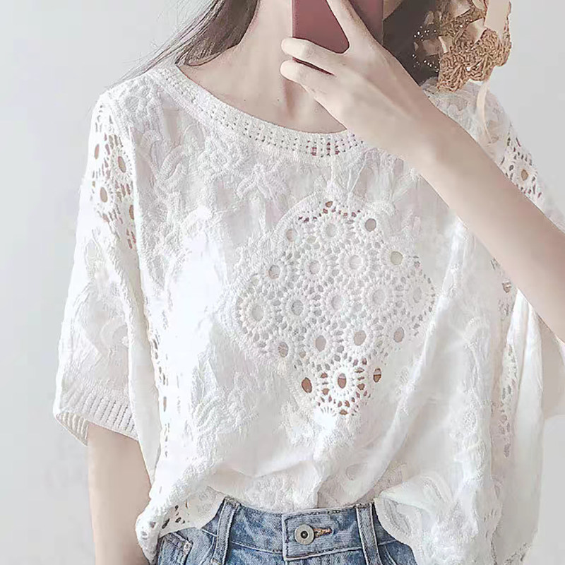 European station lace shirt women summer thin 2023 new fashion temperament white sleeve hollowed tide