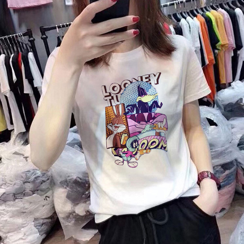 European Standing Silk Light Cotton White T-Shirt Woman Short Sleeve Summer Thin 2022 New Loose Printed Cartoon Blouses