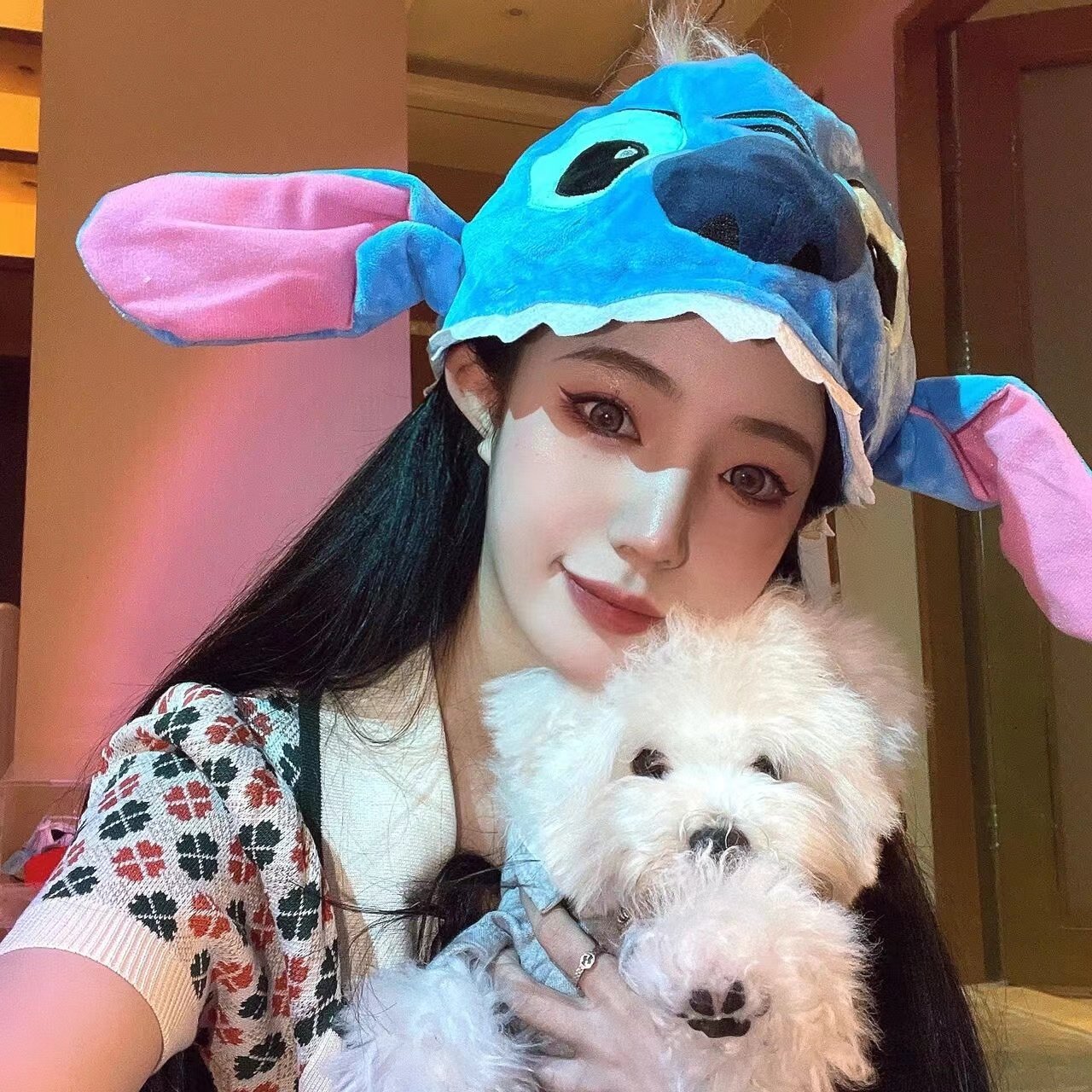 Hat 2022 popular female net red autumn style Stitch Stitch decoration photo plush doll ear warmer headgear