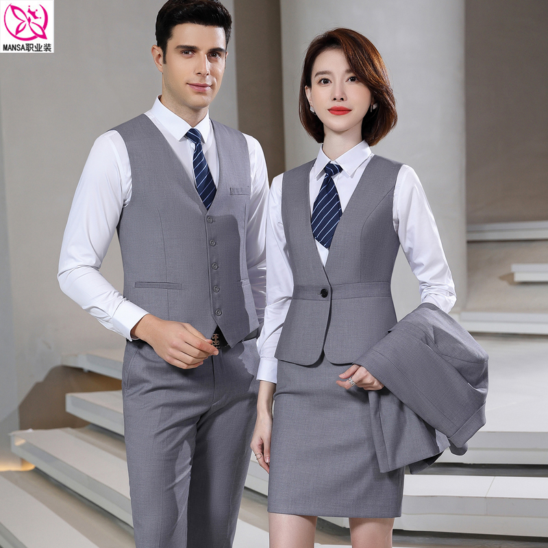 Business Professional High-End Bank Suit Vest Waistcoat Manager Gray Suit Vest Two-Piece Set for Men and Women