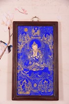 Solid wood frame inlaid porcelain plate painting blue bottom pinch enamel Donka hanging screen wind riding lion Wenshu Guanyin BodhisattBodhisattva mural swaying pieces