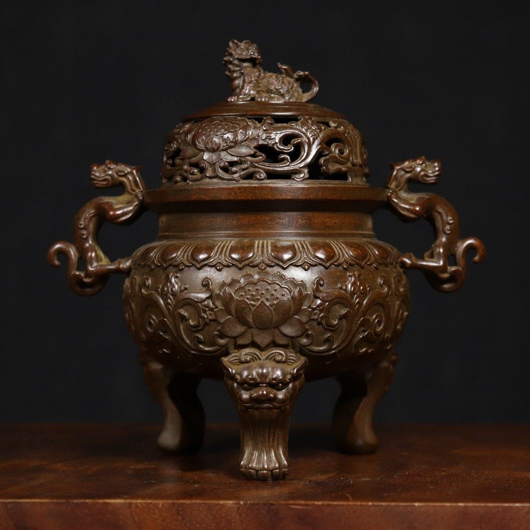 黄铜苏工三兽足双螭龙耳狮盖线盘塔熏香炉居家室内茶道摆件用品14