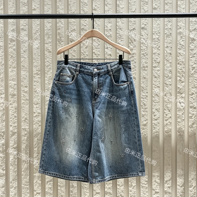 Authentic 2026 Autumn New Product, Washed Vintage Cotton Silver Embellished Rhinestone Five-Point Wide-Leg Pants, Mid-Length Jeans Mbf3Sot003 Authentic 2026 Autumn New Product, Washed Vintage Cotton Silver Embellished Rhinestone Five-Point Wide-Leg Pants, Mid-Length Jeans Mbf3Sot003