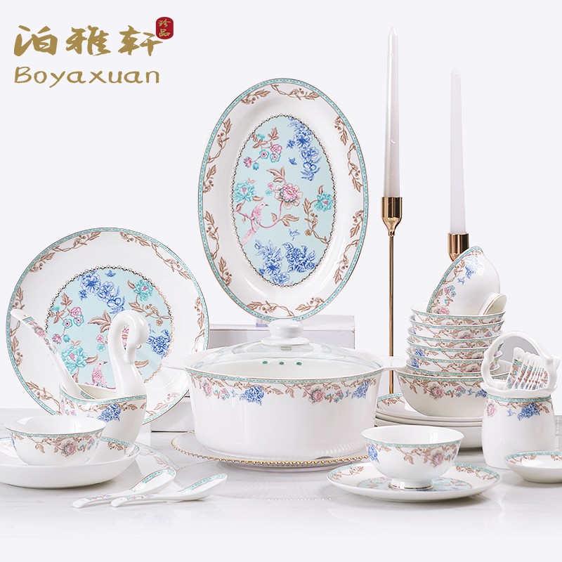 Poixuan bowl Dish Suit Home Light Lavish Bone China Cutlery Cutlery Ostyle Ceramic Bowl chopsticks Chinese style Bowl Tray Combined Gift