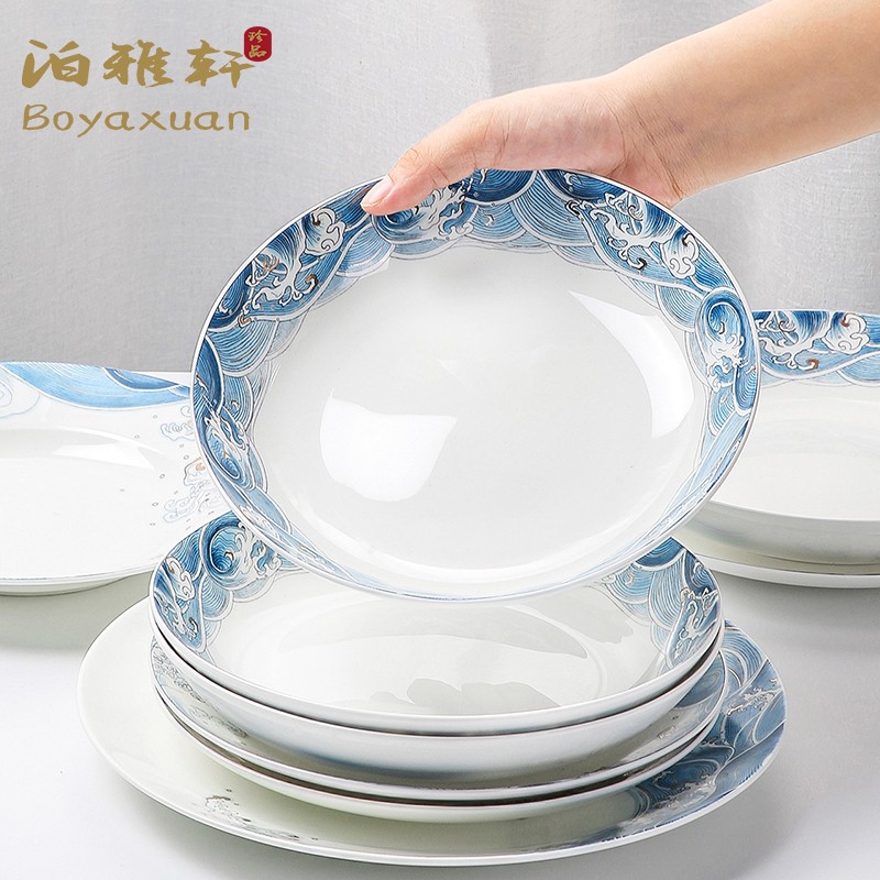 Poixuan Chinese-style ceramic dishes Home plate Creative Jingdezhen Qinghua Porcelain Tableware Fish Pan Deep Tray Soup Dish