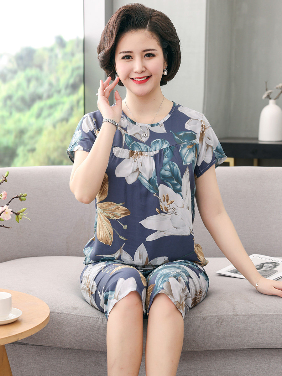 Summer middle aged pyjamas women suit short sleeves cotton silk step up yard artificial cotton Mom clothes old man's silk home clothes