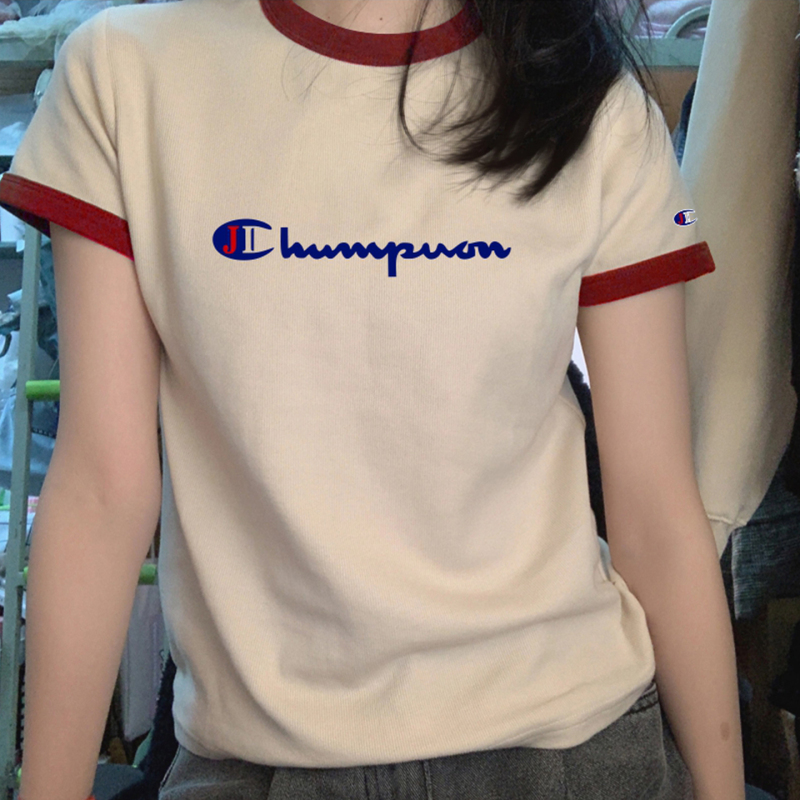 Season Champion Short-Sleeved T-Shirt for Women, New Color-Blocked Round Neck Pullover, Cotton, Simple, Casual, Sporty, Slimming, Petite Top