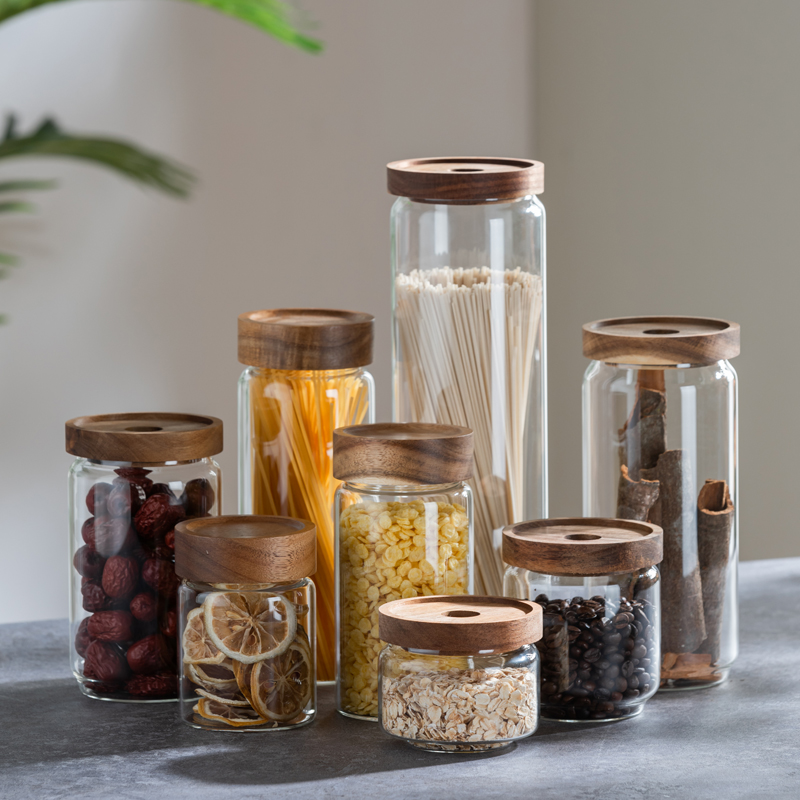 Home glass Nordic tea leaf jars sealed jars solid wood transparent dry fruit miscellaneous grain storage tank food grade