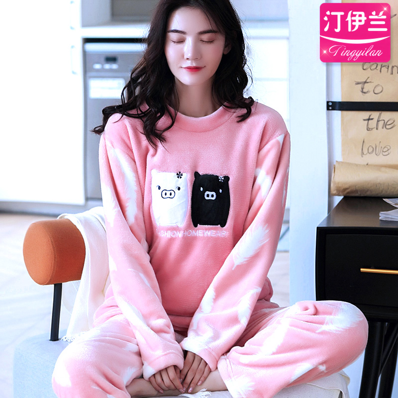 Pajama womens bích nhung bộ đồ phù hợp với gia đình mùa thu và áo dài tay mùa đông cộng với dày nhung san hô vòng cổ áo che mùa đông mưa đá khỉ.