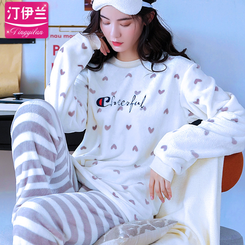 Pajama womens bích nhung bộ đồ phù hợp với gia đình mùa thu và áo dài tay mùa đông cộng với dày nhung san hô vòng cổ áo che mùa đông mưa đá khỉ.