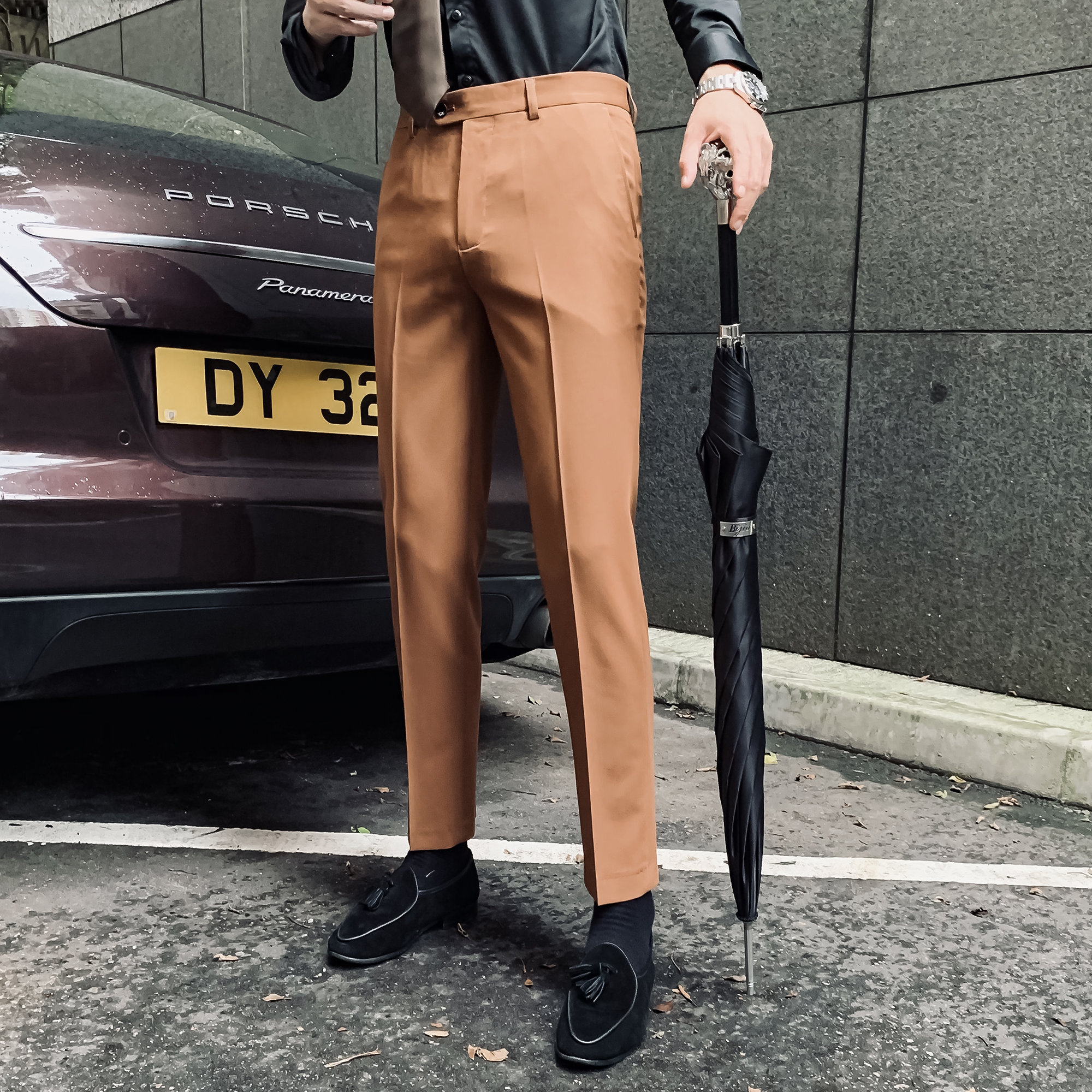 (DAIO MENS) Korean men's casual pants caramel colored youth small-footed pants to be removed from ironing Inlensey pants