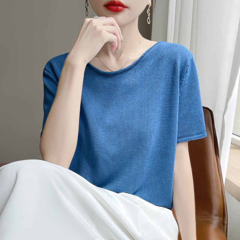 Summer Rolled-Edge Ice Silk Linen Knitted Short-Sleeve T-Shirt for Women, Solid Color, Loose Fit, Slimming, Thin, Versatile and Trendy