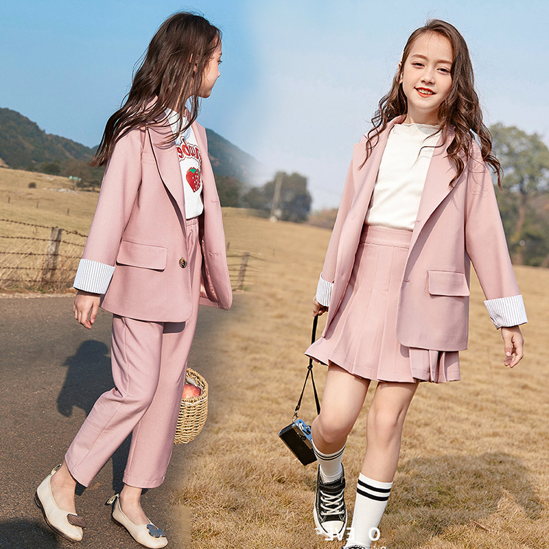 Girl Suits Suit 2021 Spring Autumn Foreign Pie Trendy Net Red Jacket Children Little West Suit Walking Show Cover Skirt Casual