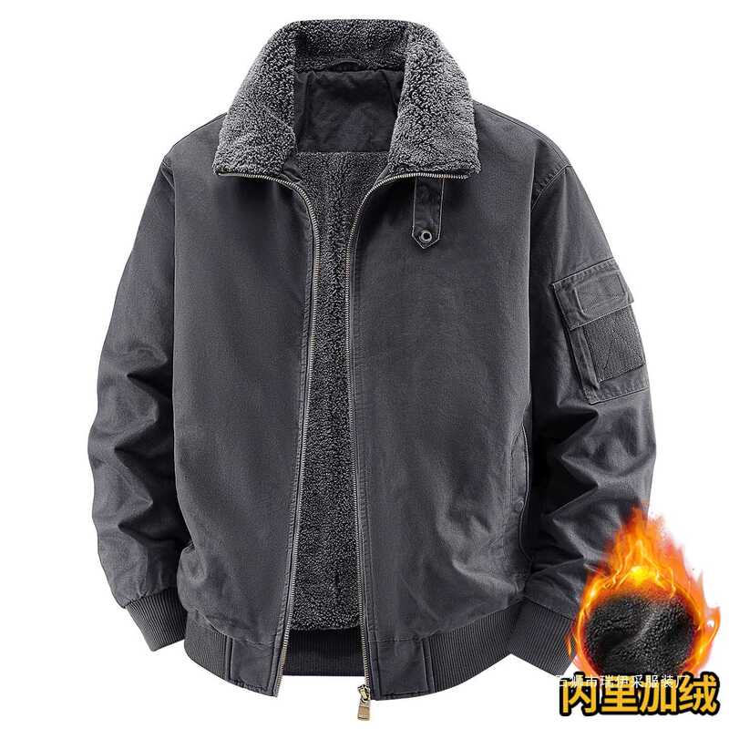 Diyu Shenlong Men's Jacket New Style Washed Cotton Flight Suit with Lamb Wool Lining Cotton Coat for Middle-Aged Men with Stand Collar Diyu Shenlong Men's Jacket New Style Washed Cotton Flight Suit with Lamb Wool Lining Cotton Coat for Middle-Aged Men with Stand Collar