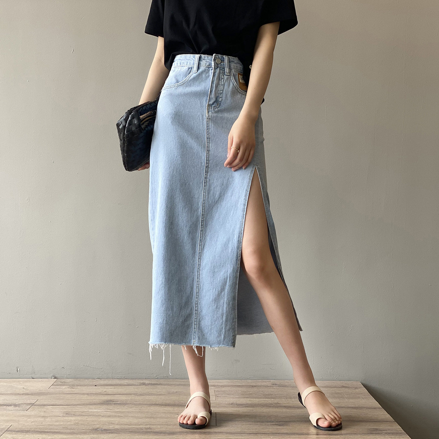 Japan SLY high waist side open fork denim half body dress Women summer 2021 new loose a long bag hip skirt