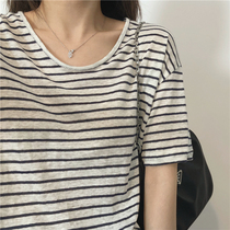 Japan SLY Classic Striped Ice Silk Bamboo Festival Cotton T-shirt Woman Loose 100 Lapped Collar Short Sleeve Blouse Summer