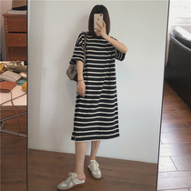 Japanese SLY striped dress 2021 Summer time Lazy Wind long with a knee loose Conspicanthin Short Sleeve T-shirt Dress