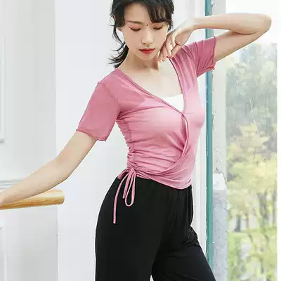 Classical dance short-sleeved mesh top Basic training dance clothes Modern dance yoga practice clothes Body rhyme short lace-up gauze clothes