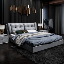 Real leather bed master bedroom 1 8 m modern minimalist double man bed high-end soft bag Nordic light lavish bed bedroom wedding bed
