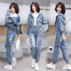 Denim jacket suit women 2022 spring and autumn new casual fashion foreign style tooling short hooded two-piece trousers tide