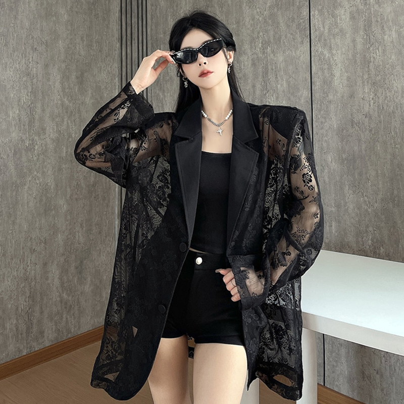 Light Luxury Socialite Sexy Hollow Lace Patchwork Long-Sleeved Blazer for Women, Summer Sun Protection Cardigan, Loose Shoulder-Padded Suit Light Luxury Socialite Sexy Hollow Lace Patchwork Long-Sleeved Blazer for Women, Summer Sun Protection Cardigan, Loose Shoulder-Padded Suit