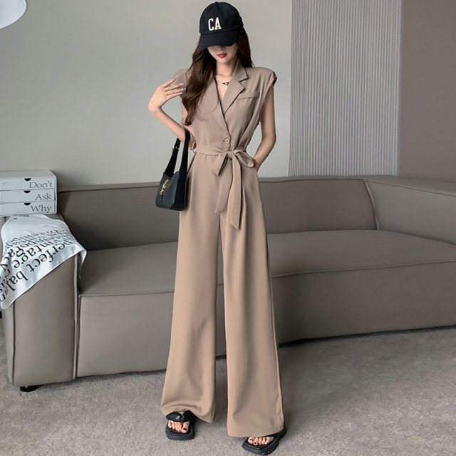 High-end suit jumpsuit trousers sleeveless shoulder pad jumpsuit women's summer wide-legged drape slim temperament fashion thin section