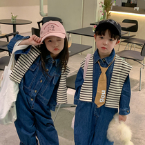 2022 autumn and winter new products boys and girls denim overalls baby foreign style loose color matching suspenders childrens jumpsuit