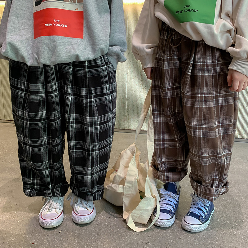 Children's trousers 2022 autumn new products Korean style plaid trendy trousers baby straight trousers children's loose trousers sister and brother outfit