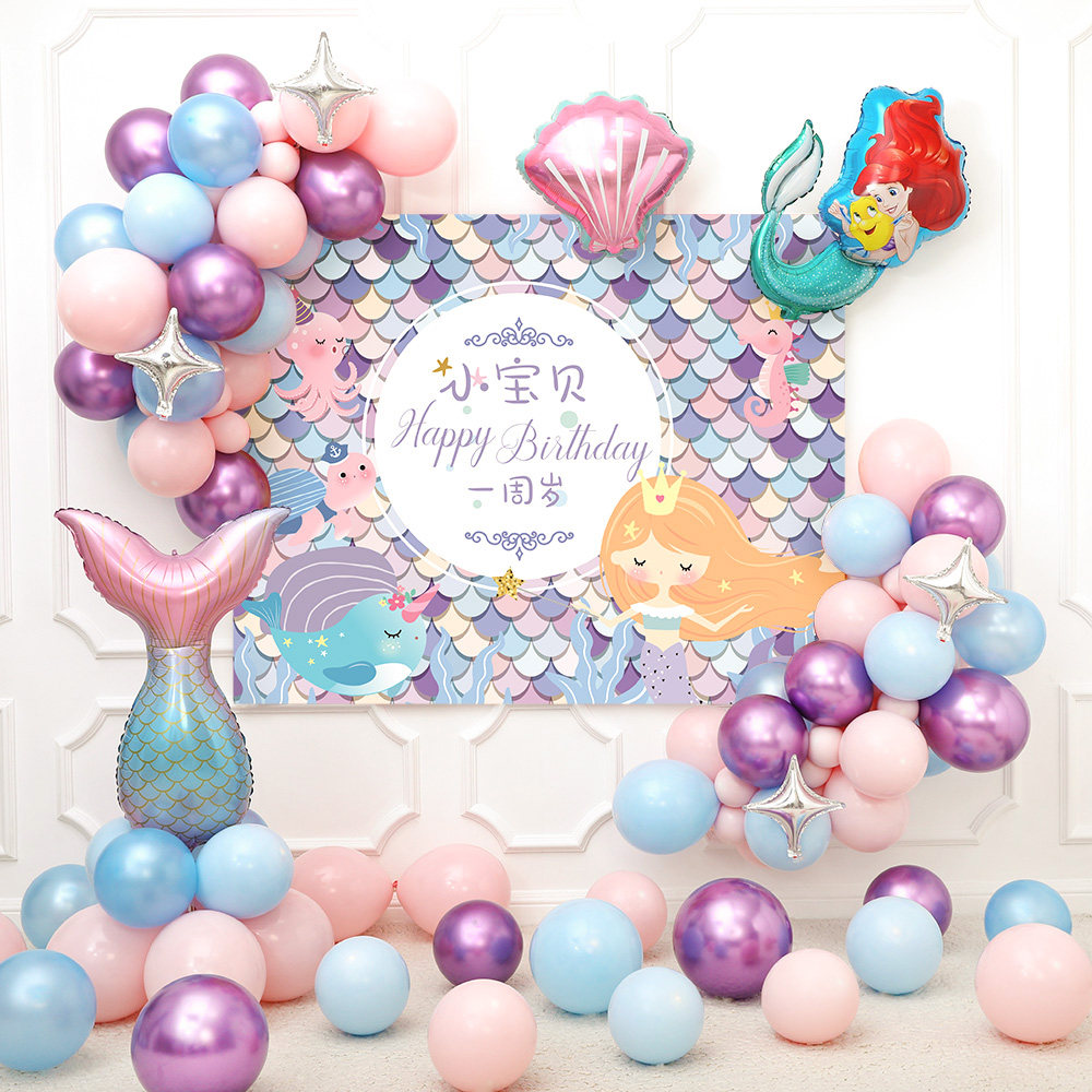 Mermaid theme birthday party decoration balloon scene arrangement baby girl child girl ten year old background wall